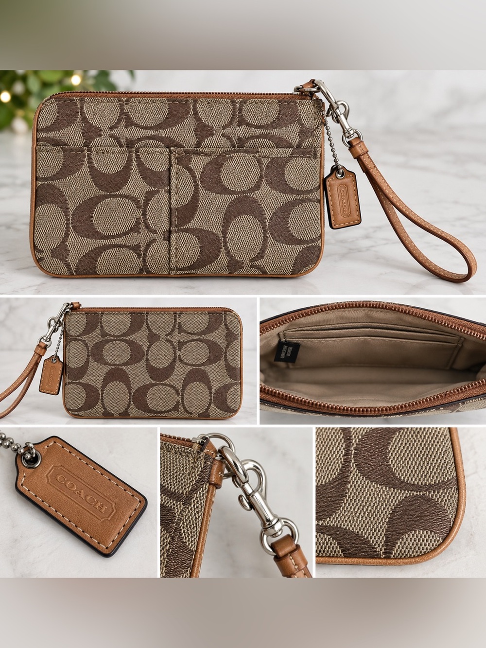 Coach Signature C Jacquard Wristlet / Pouch with Detachable Leather Strap